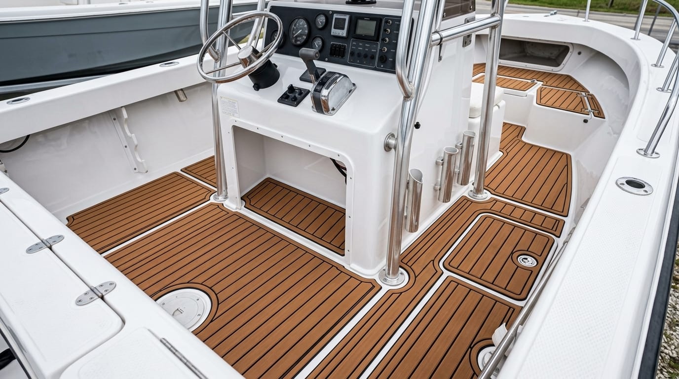 Restored boat deck fitted with precision laser-cut SquidWorks teak EVA marine decking