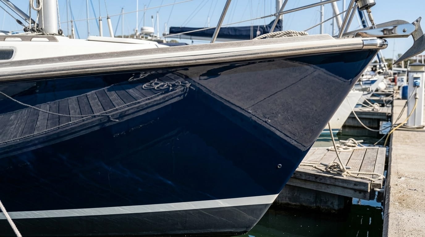 Same boat hull restored to a deep mirror-gloss navy finish with ceramic protection