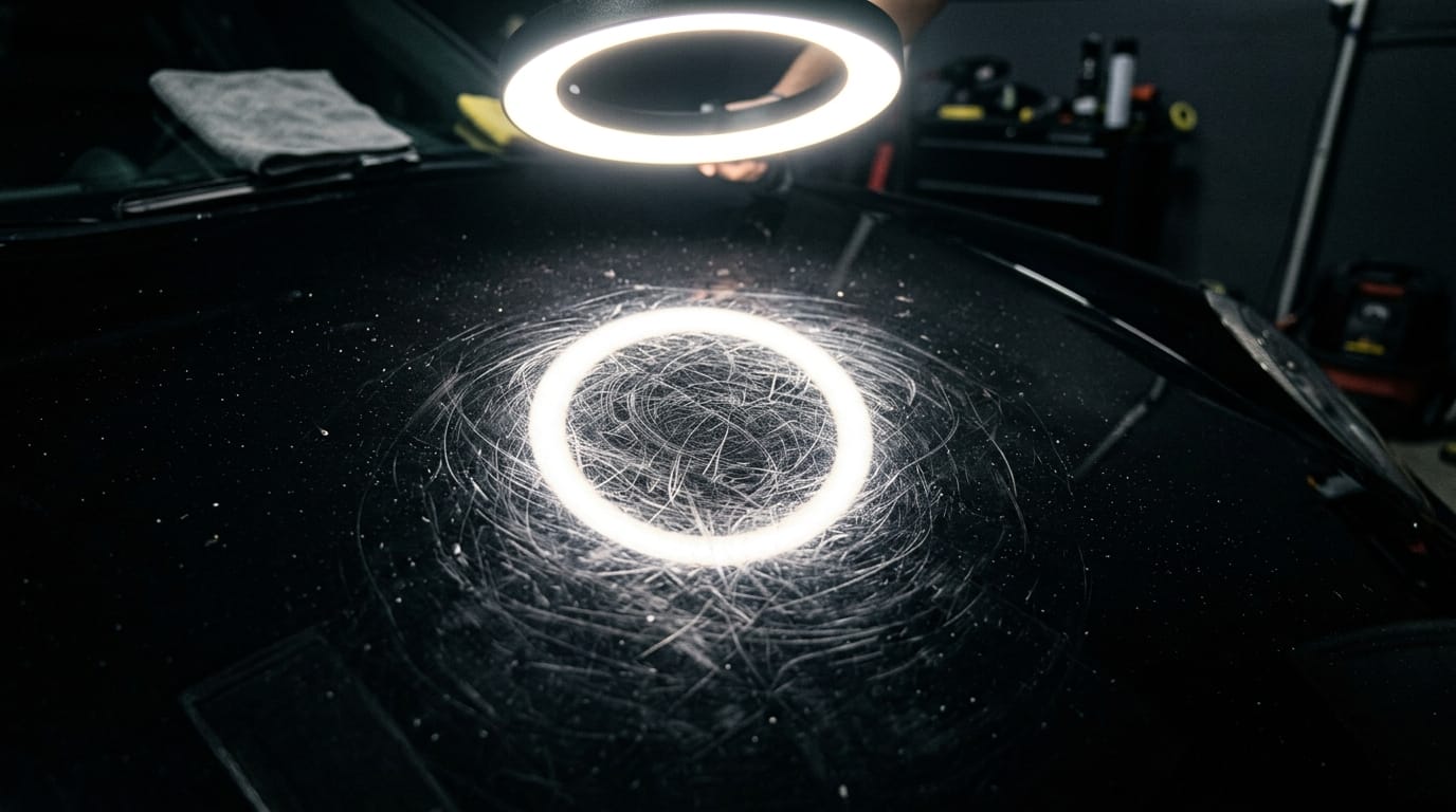 Black paint panel covered in heavy spiderweb swirl scratches under inspection light