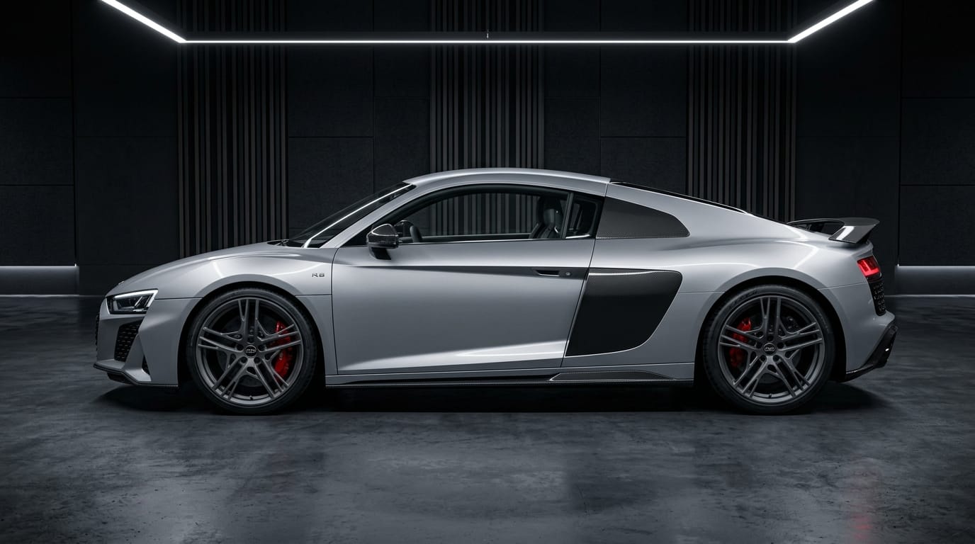 Luxury sports coupe in studio bay for ceramic window tint simulation
