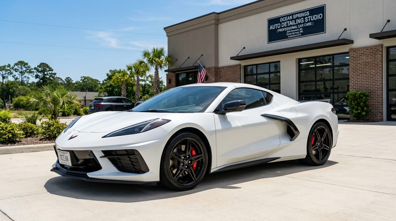 White Chevrolet Corvette C8 Coupe with red brake calipers parked outside Aces Detail studio in Ocean Springs